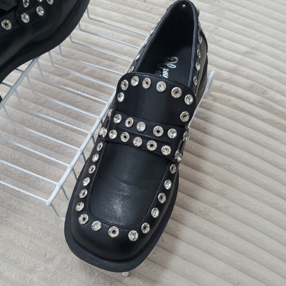Olivia Miller Silver and Black Studded Loafers NWOT, No Box.